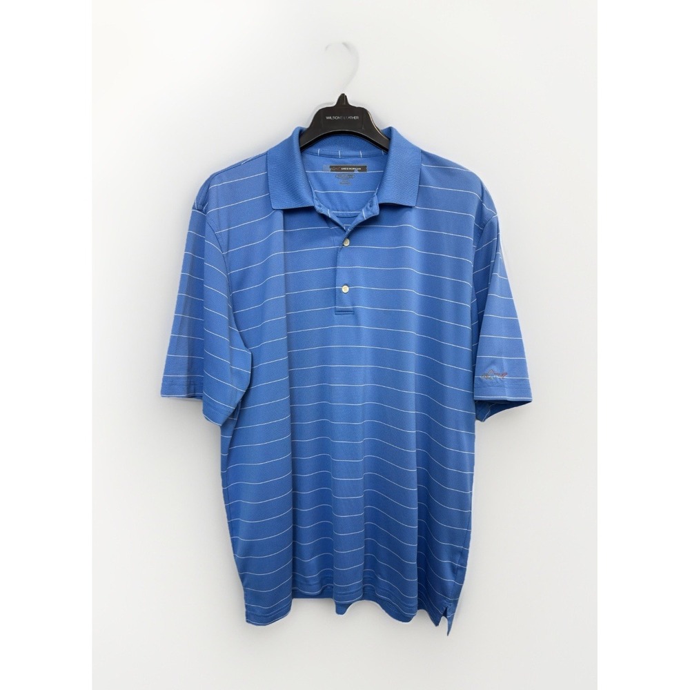 Greg Norman Mens XL Blue Golf Polo Shirt Shark Logo Short‎ Sleeve Performance